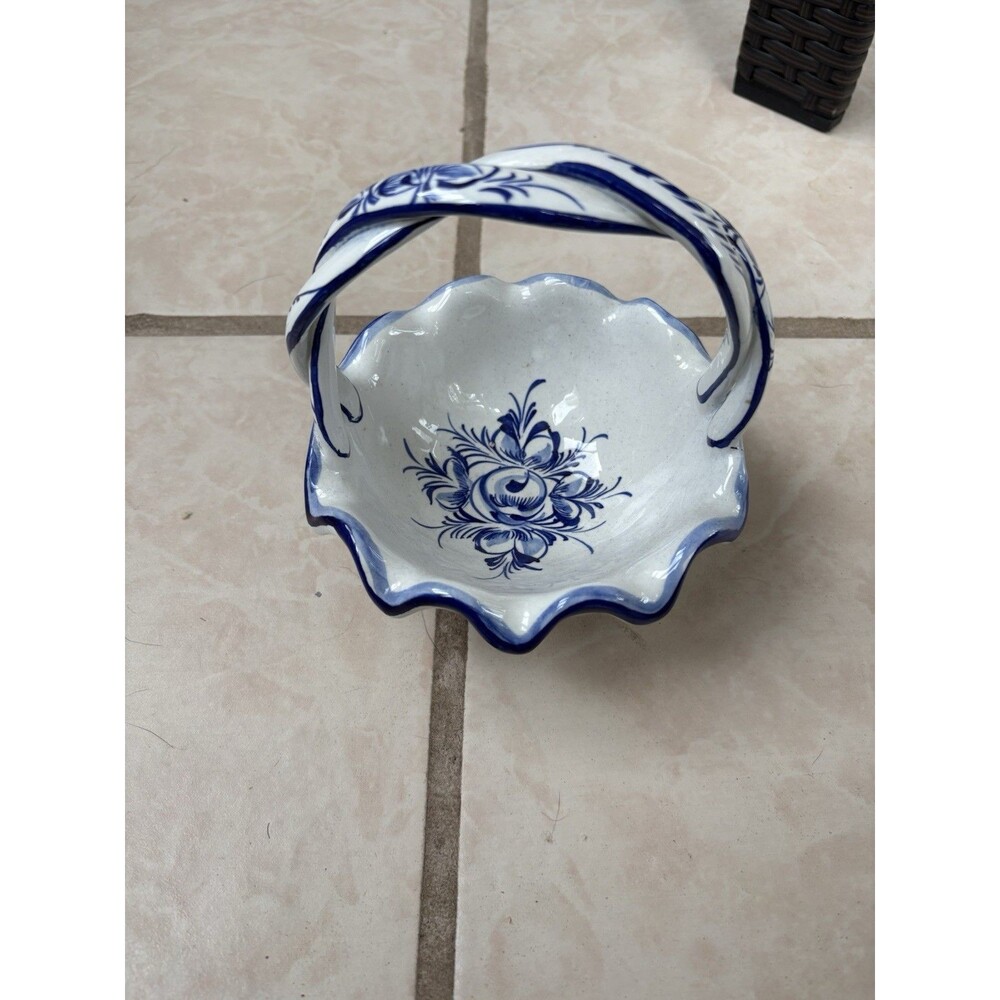Vintage Hand Painted Ceramic Blue White Basket Dish Candy Nut Portugal Signed 88